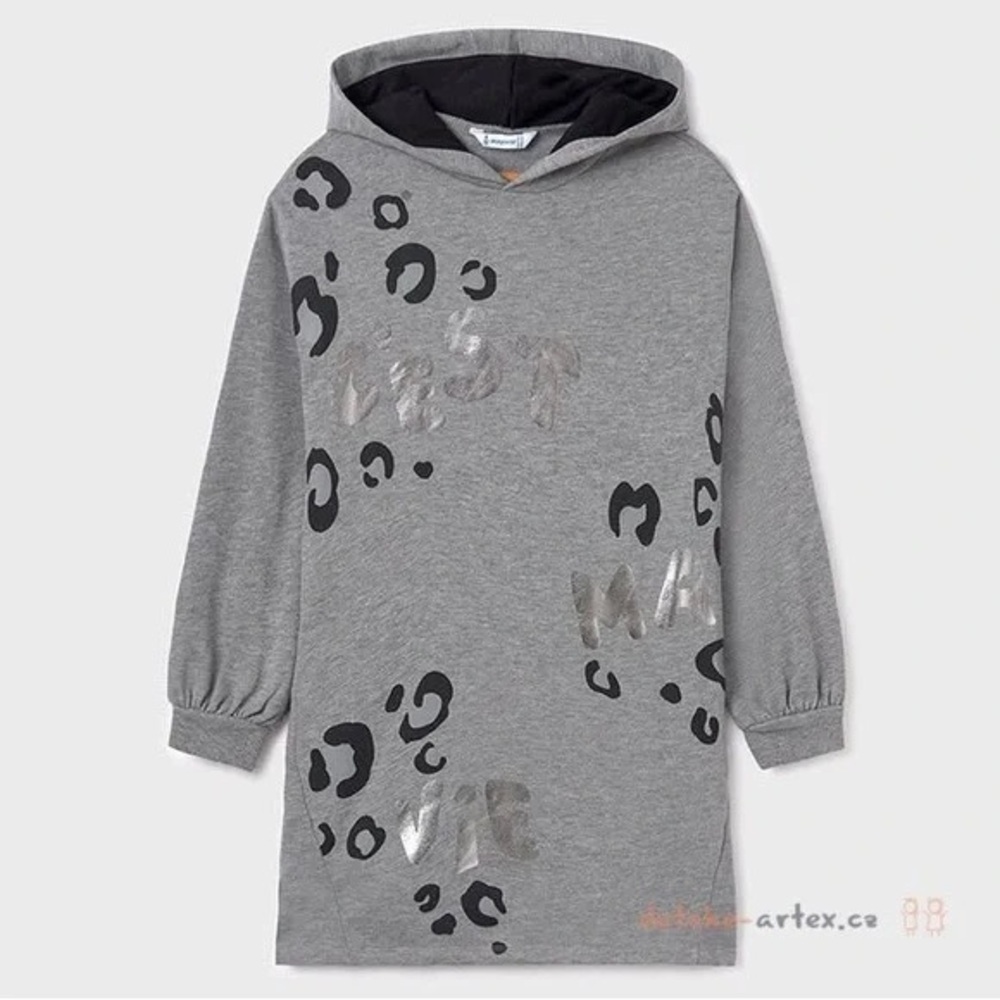 Size 12 Girl Mayoral Gray Hooded Dress with Black Leopard Spots and Silver